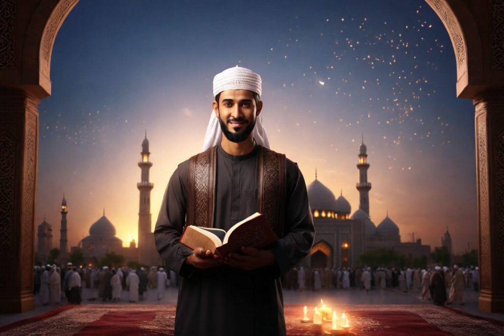 a man holding a book in front of a crowd of people